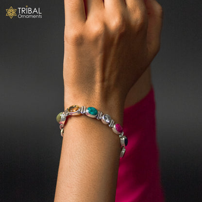 925 sterling silver handmade Navratan stone unisex nine stone bracelet sbr742 - TRIBAL ORNAMENTS