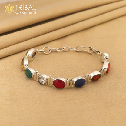 19 GM 925 sterling silver Navratan stone unisex nine stone bracelet sbr742 - TRIBAL ORNAMENTS