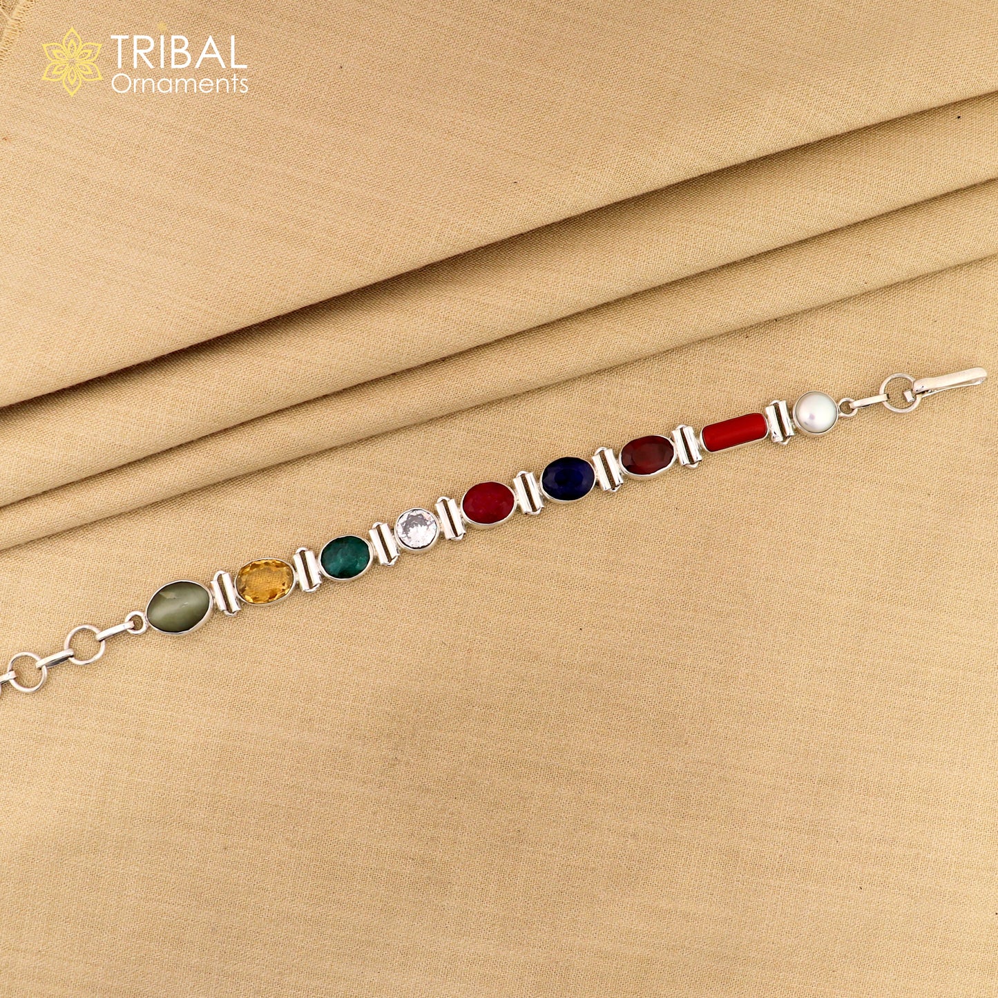 19 GM 925 sterling silver Navratan stone unisex nine stone bracelet sbr742 - TRIBAL ORNAMENTS