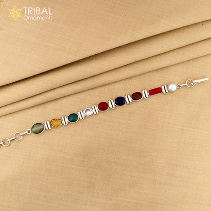 19 GM 925 sterling silver Navratan stone unisex nine stone bracelet sbr742 - TRIBAL ORNAMENTS
