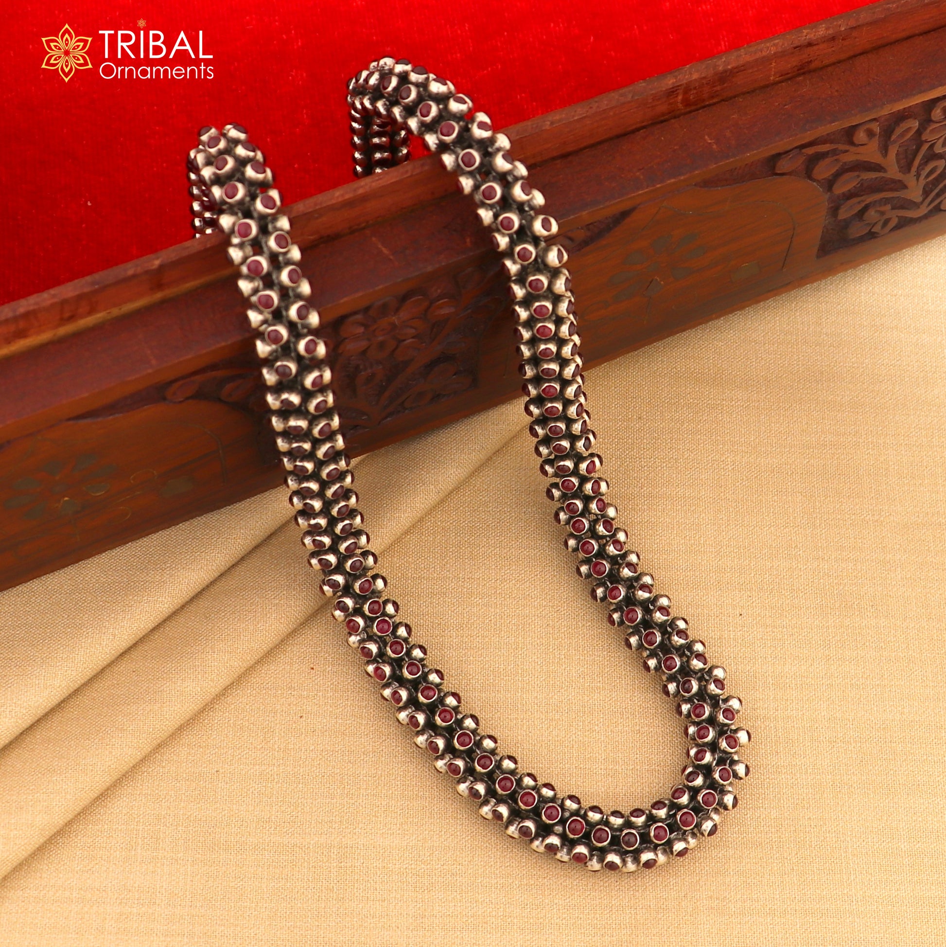 19 inches 925 sterling silver stylish red stone fashionable heavy chain ch607 - TRIBAL ORNAMENTS