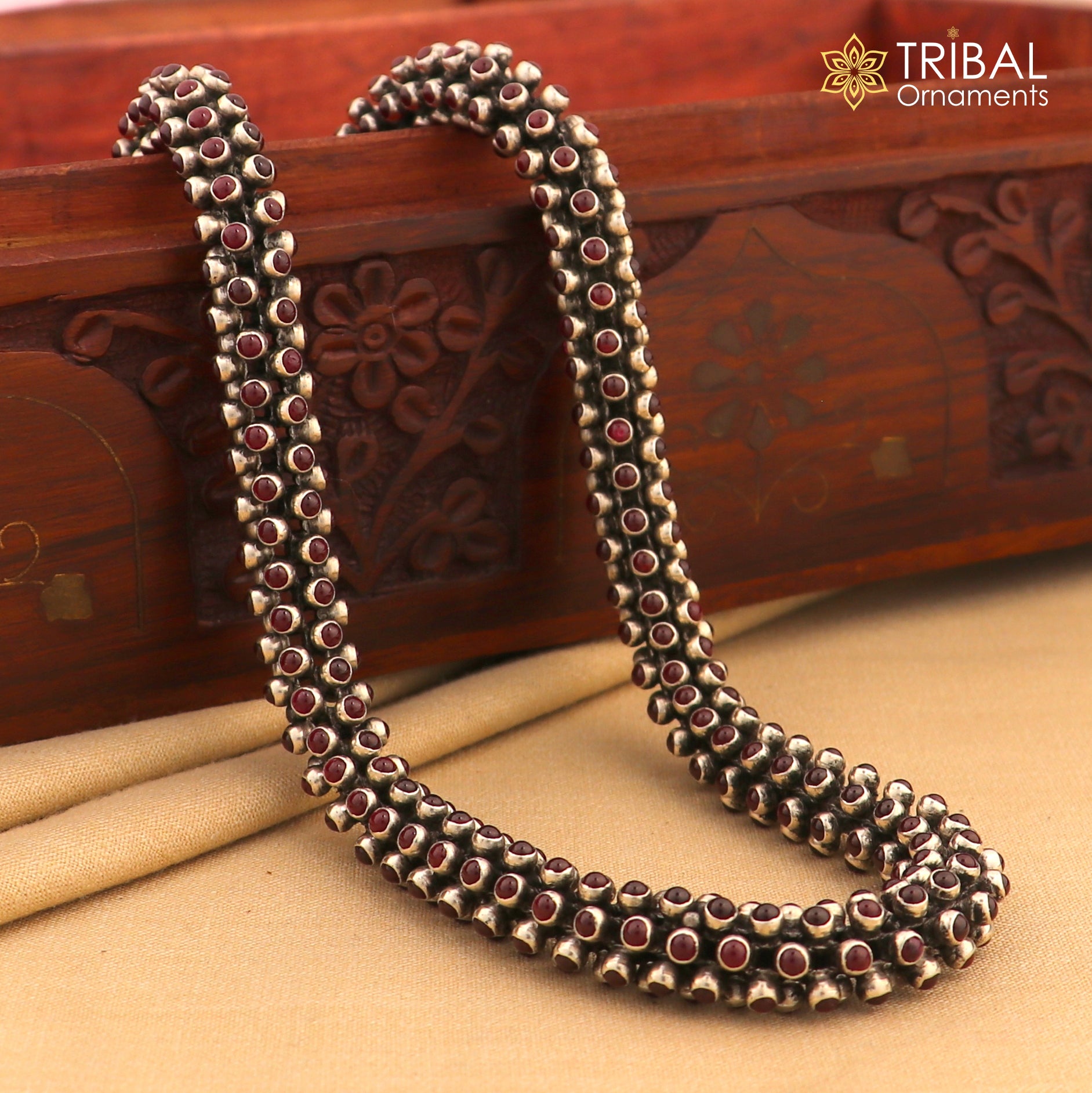 19 inches 925 sterling silver stylish red stone fashionable heavy chain ch607 - TRIBAL ORNAMENTS