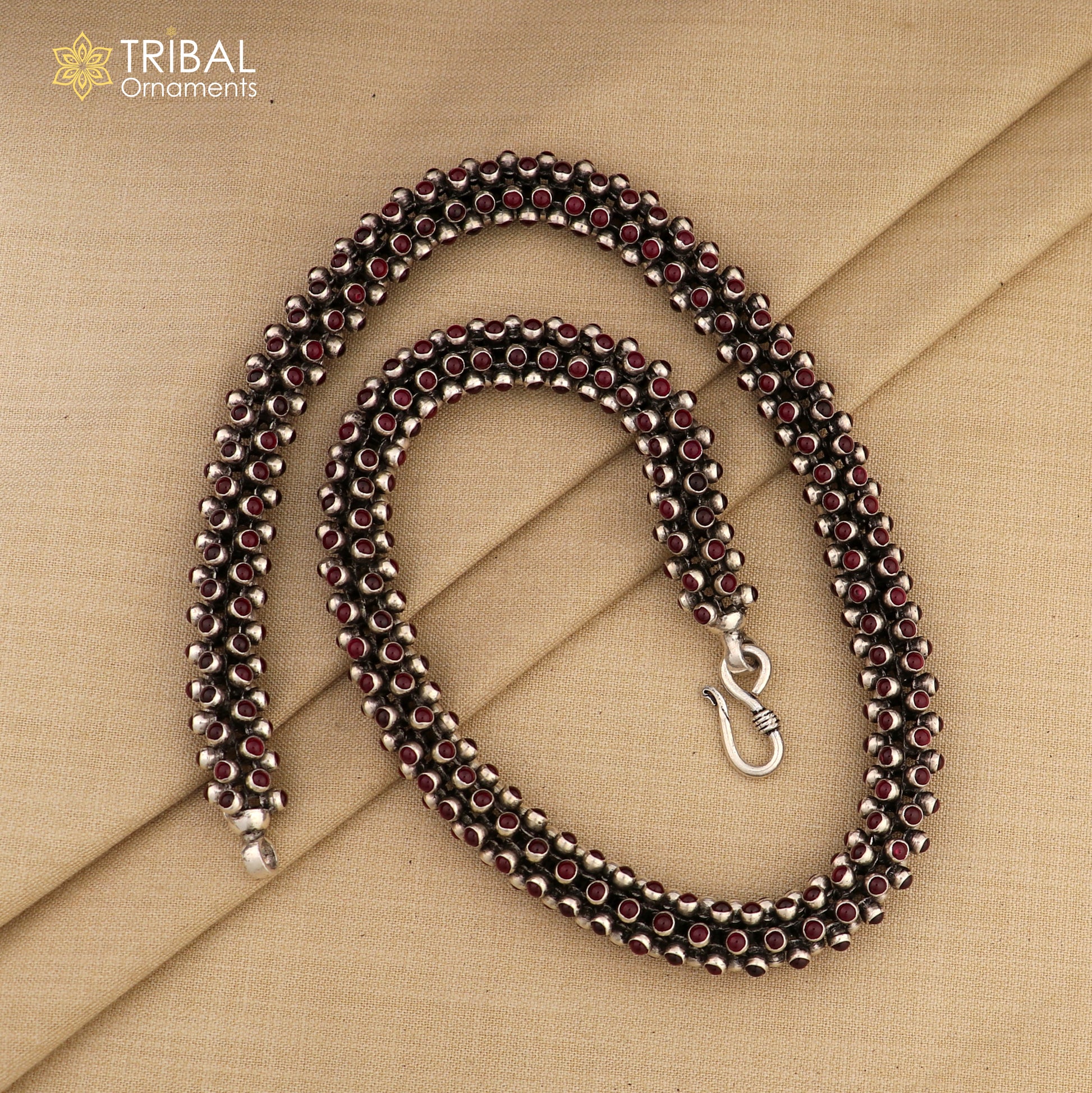 19 inches 925 sterling silver stylish red stone fashionable heavy chain ch607 - TRIBAL ORNAMENTS