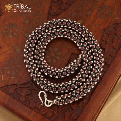 19-inch sterling silver chain with stylish red stone, crafted by TRIBAL ORNAMENTS, featuring a heavy, fashionable design.