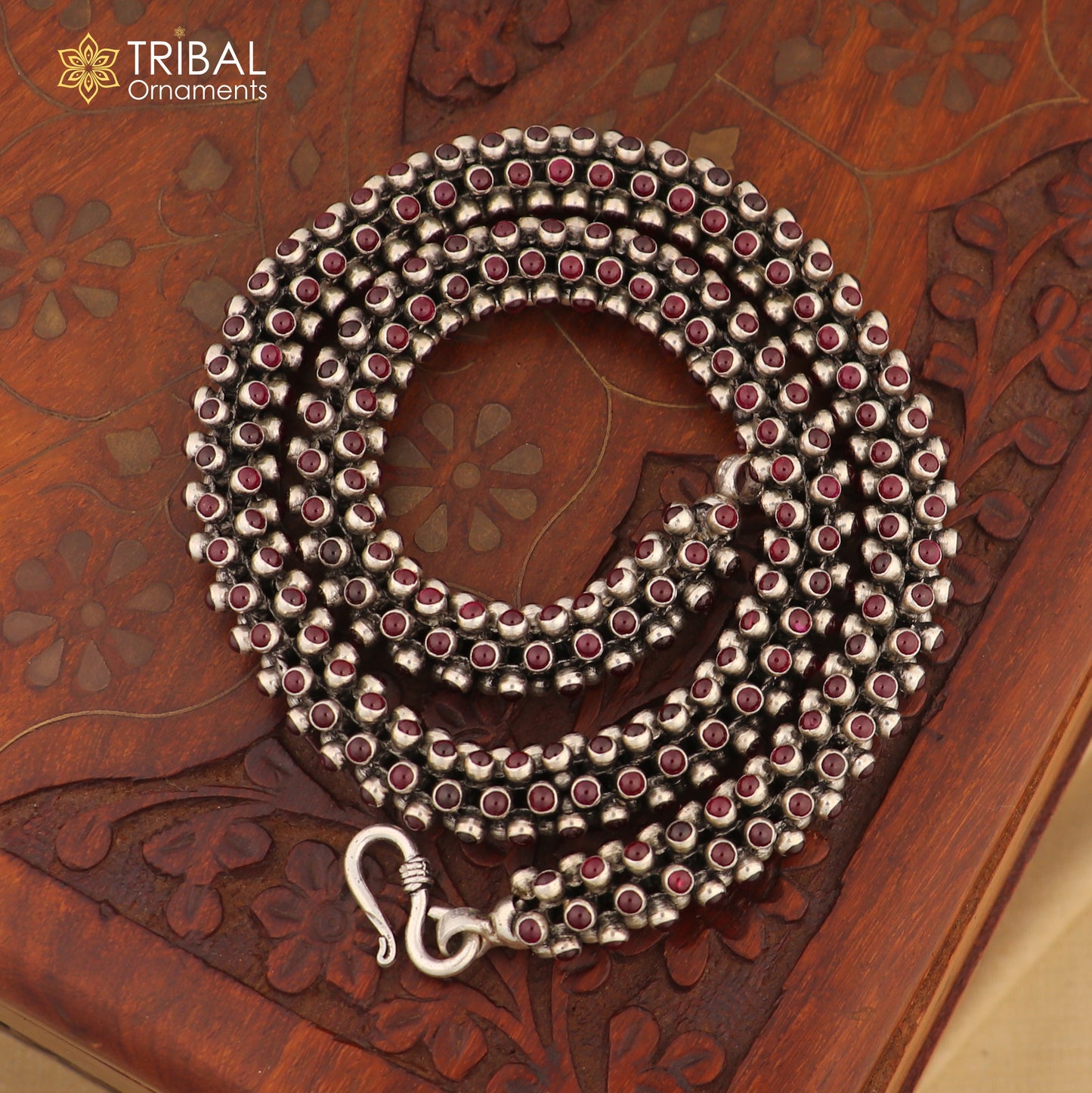 19 inches 925 sterling silver stylish red stone fashionable heavy chain ch607 - TRIBAL ORNAMENTS