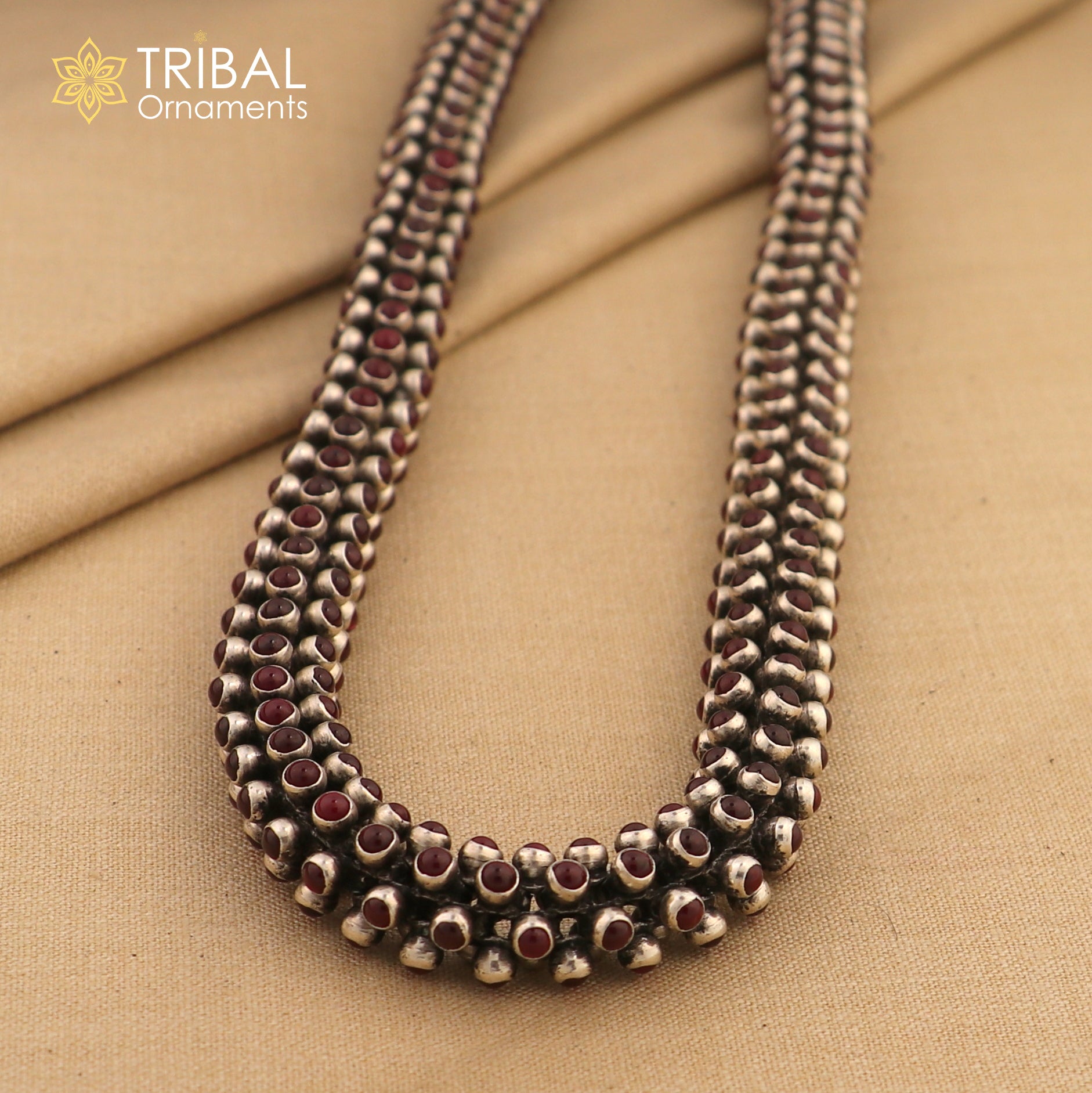 19 inches 925 sterling silver stylish red stone fashionable heavy chain ch607 - TRIBAL ORNAMENTS