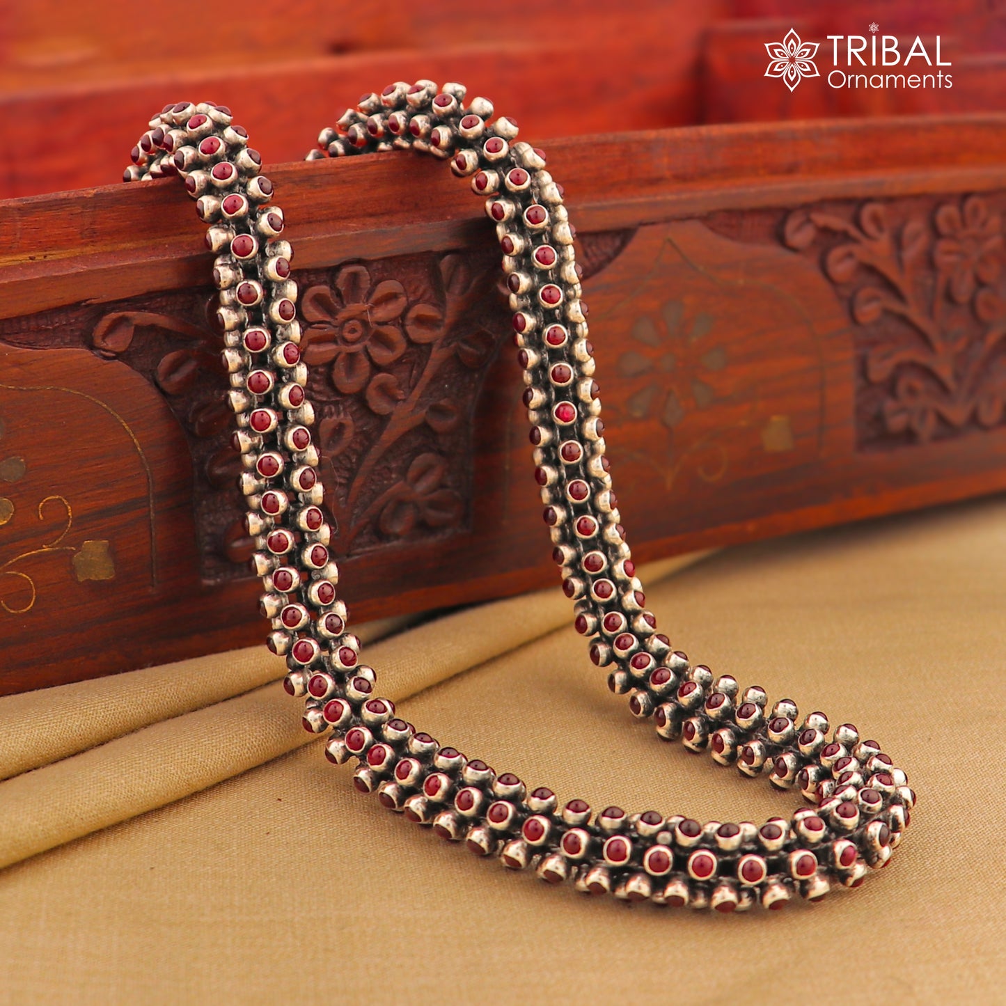 19 inches 925 sterling silver stylish red stone fashionable heavy chain ch607 - TRIBAL ORNAMENTS