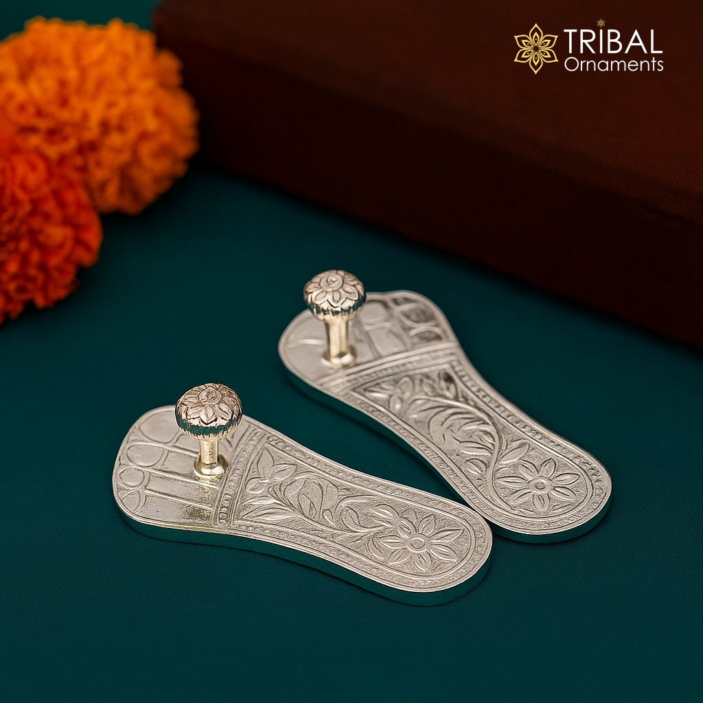 2.0" sterling silver handmade Charan paduka or slippers for idol krishna, laddu gopala, little krishna or Vshnu Narayana puja art su1043 - TRIBAL ORNAMENTS
