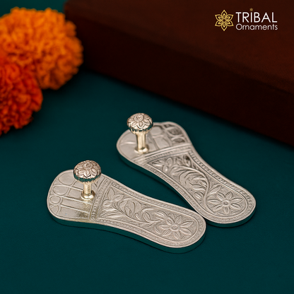 Handmade sterling silver Charan paduka slippers for Krishna, Gopala, or Vishnu idols, crafted by Tribal Ornaments.