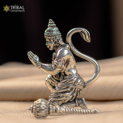 Handmade 2.5-inch 925 silver Lord Hanuman statue by Tribal Ornaments, ideal for home temple puja or gifting.