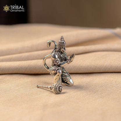 Handmade 2.5-inch 925 silver Lord Hanuman statue for puja, home temple decoration, or gifting, crafted by Tribal Ornaments.