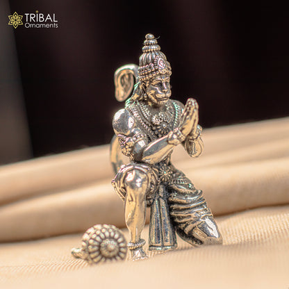 Handmade 2.5-inch 925 silver Lord Hanuman statue for puja, home temple decor, or gifting, by TRIBAL ORNAMENTS.