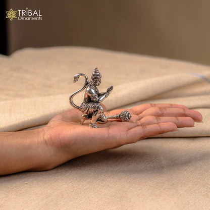 Handmade 2.5-inch 925 silver Lord Hanuman statue for puja, home temple decor, or gifting by TRIBAL ORNAMENTS.