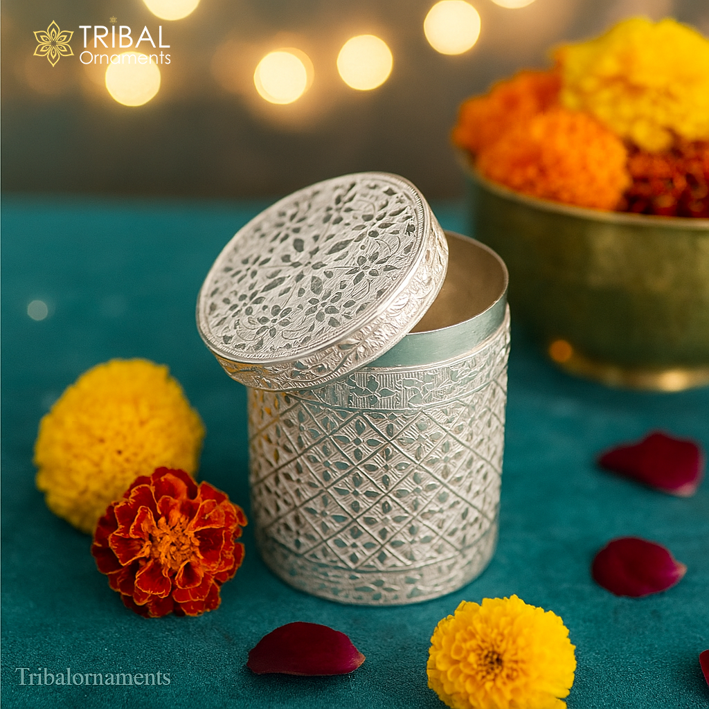 2.5" 925 solid silver utensils vintage style trinket box, container/casket box bridal floral work box, jewelry box silver utensils stb202 - TRIBAL ORNAMENTS