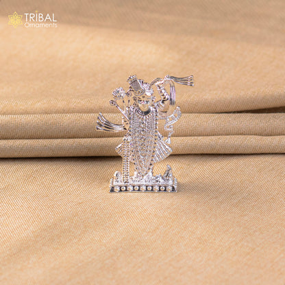 Handmade 2.5-inch Lord Krishna Shrinathji sterling silver idol statue, decorative puja figurine, perfect for Diwali puja rituals.