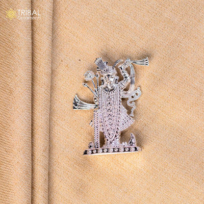 Handmade 2.5-inch sterling silver Lord Krishna Shrinathji idol figurine, ideal for puja, decoration, or Diwali gift.