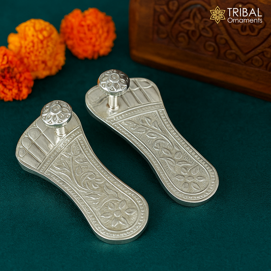 2.5" 925sterling silver handmade Charan paduka or slippers for idol krishna, laddu gopala, little krishna or Vshnu Narayana puja art su645 - TRIBAL ORNAMENTS