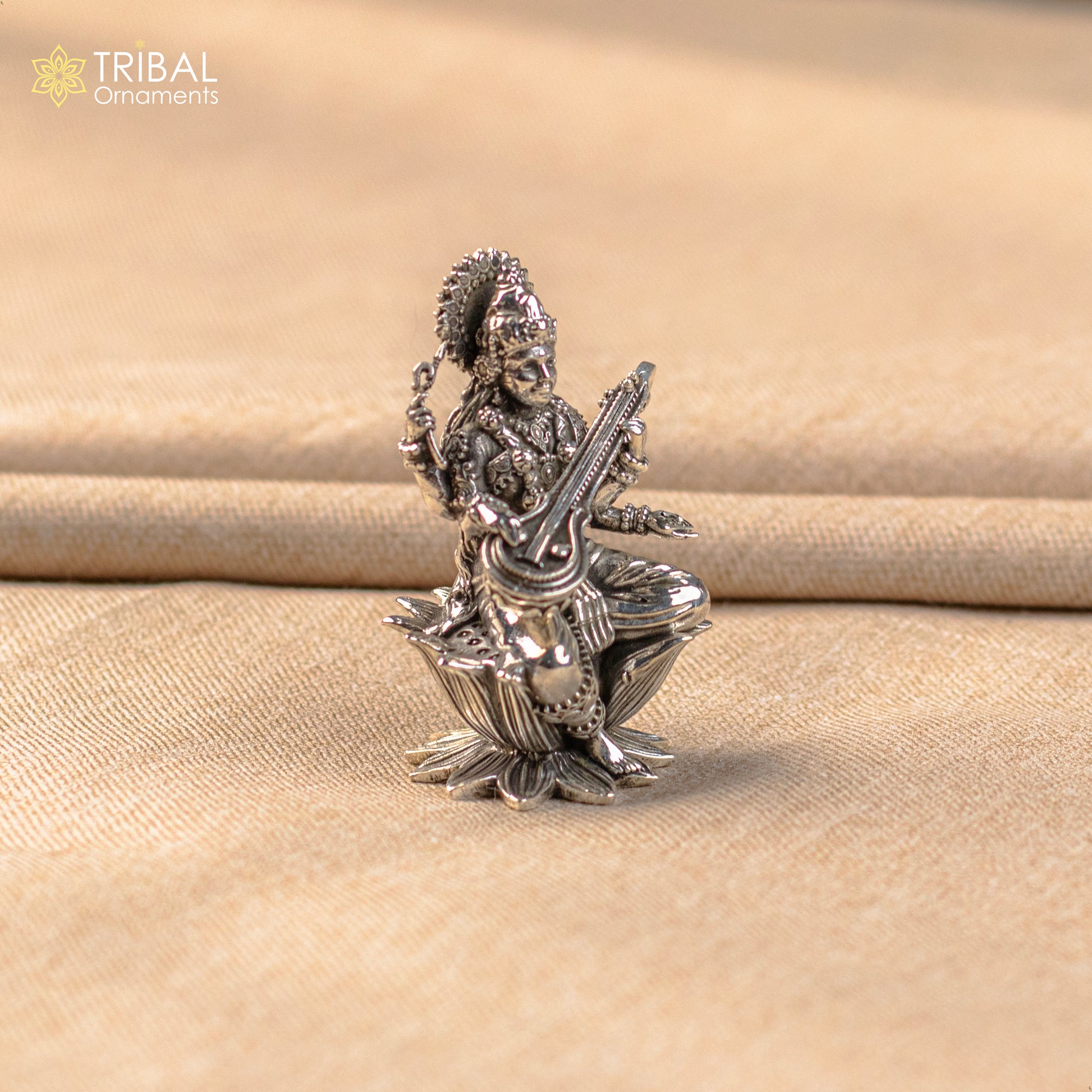 2.5" small 925 Sterling silver handmade customized Hindu idol Saraswati sharda maa statue, puja article figurine, home décor Articles art57 - TRIBAL ORNAMENTS
