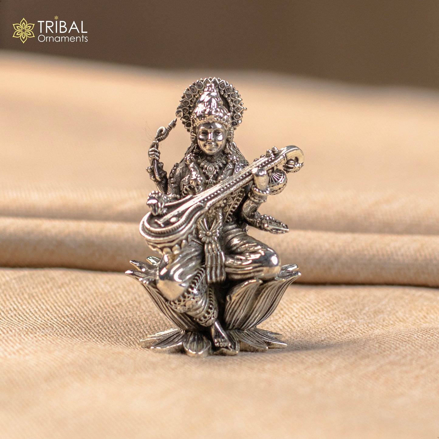 2.5" small 925 Sterling silver handmade customized Hindu idol Saraswati sharda maa statue, puja article figurine, home décor Articles art57 - TRIBAL ORNAMENTS