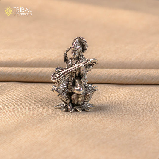 2.5" small 925 Sterling silver handmade customized Hindu idol Saraswati sharda maa statue, puja article figurine, home décor Articles art57 - TRIBAL ORNAMENTS