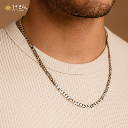 20-inch 3mm TRIBAL ORNAMENTS sterling silver curb Cuban chain necklace, stylish handmade jewelry for men.