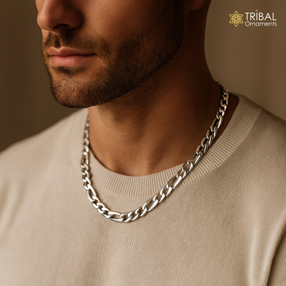 Sterling silver 20-inch 7mm solid figaro chain for men, handcrafted stylish jewelry by TRIBAL ORNAMENTS.