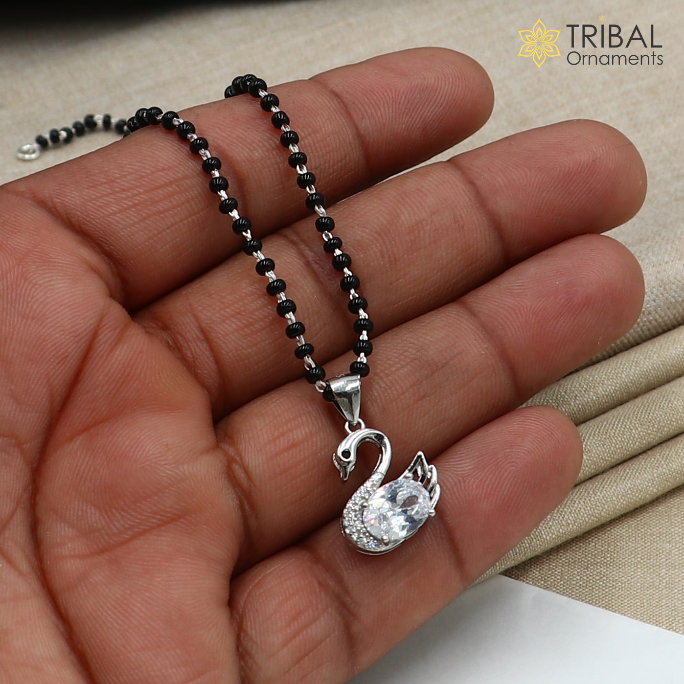 20 inches 925 sterling silver black beads swan design stylish mangalsutra ms152 - TRIBAL ORNAMENTS