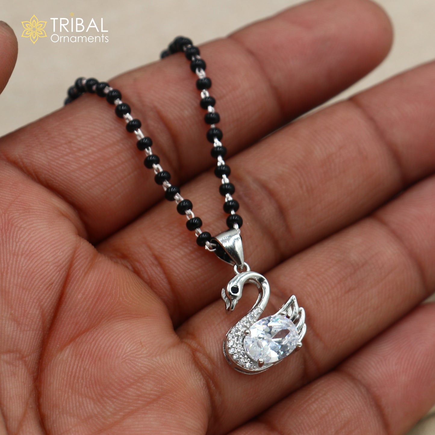 20 inches 925 sterling silver black beads swan design stylish mangalsutra ms152 - TRIBAL ORNAMENTS