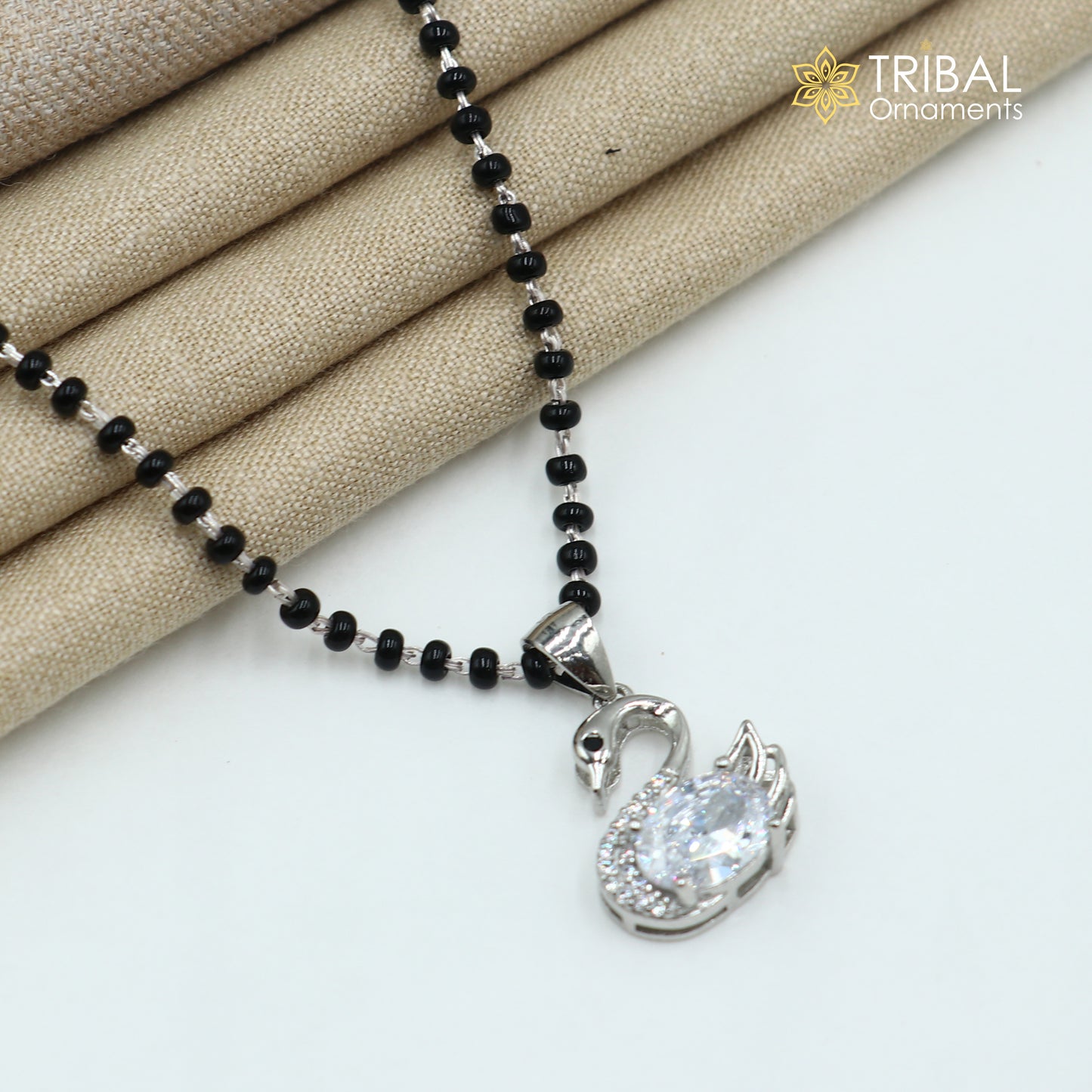 20 inches 925 sterling silver black beads swan design stylish mangalsutra ms152 - TRIBAL ORNAMENTS