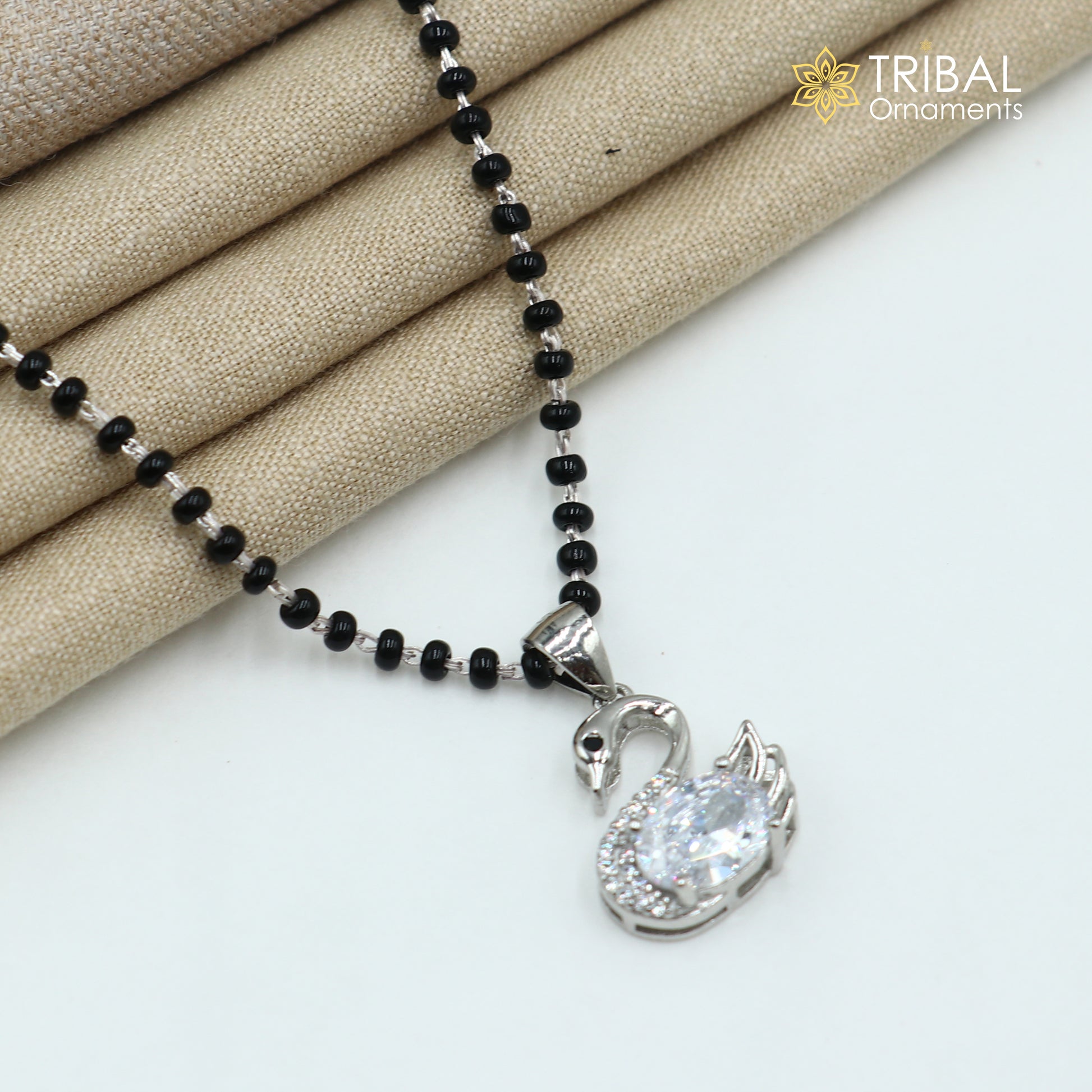 20 inches 925 sterling silver black beads swan design stylish mangalsutra ms152 - TRIBAL ORNAMENTS