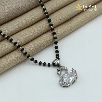 20 inches 925 sterling silver black beads swan design stylish mangalsutra ms152 - TRIBAL ORNAMENTS