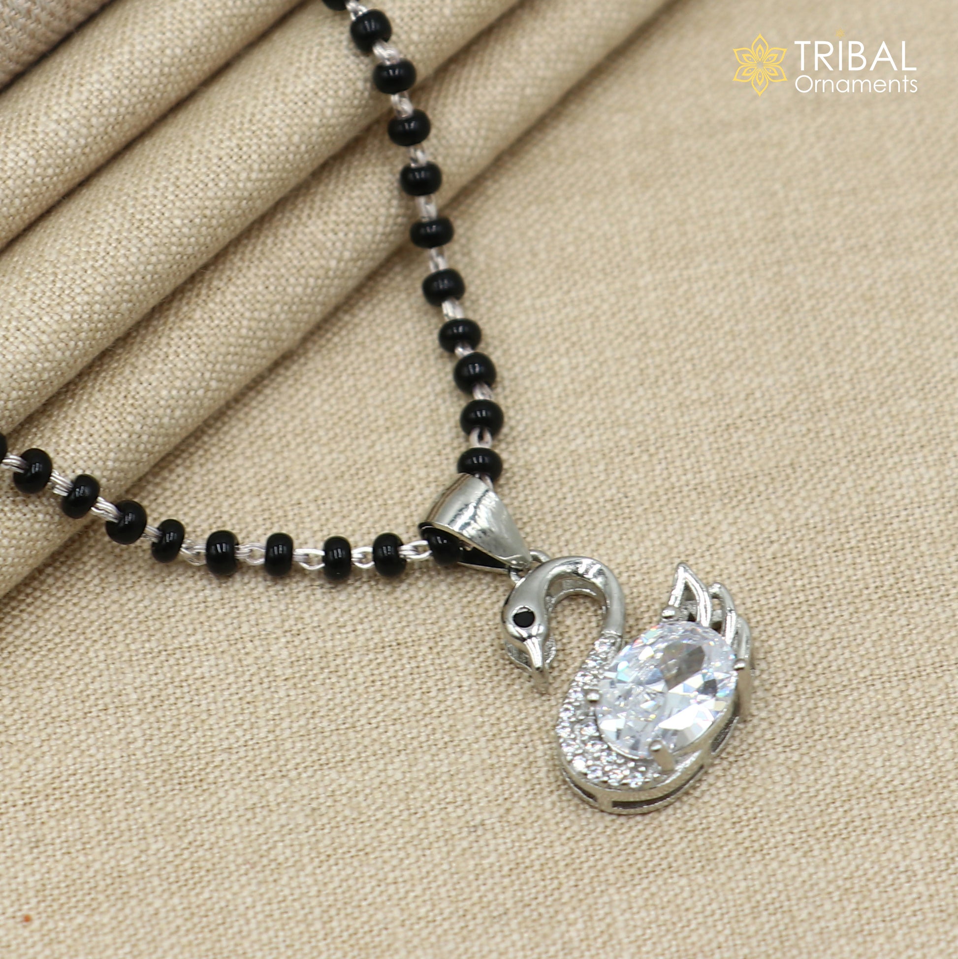 20 inches 925 sterling silver black beads swan design stylish mangalsutra ms152 - TRIBAL ORNAMENTS