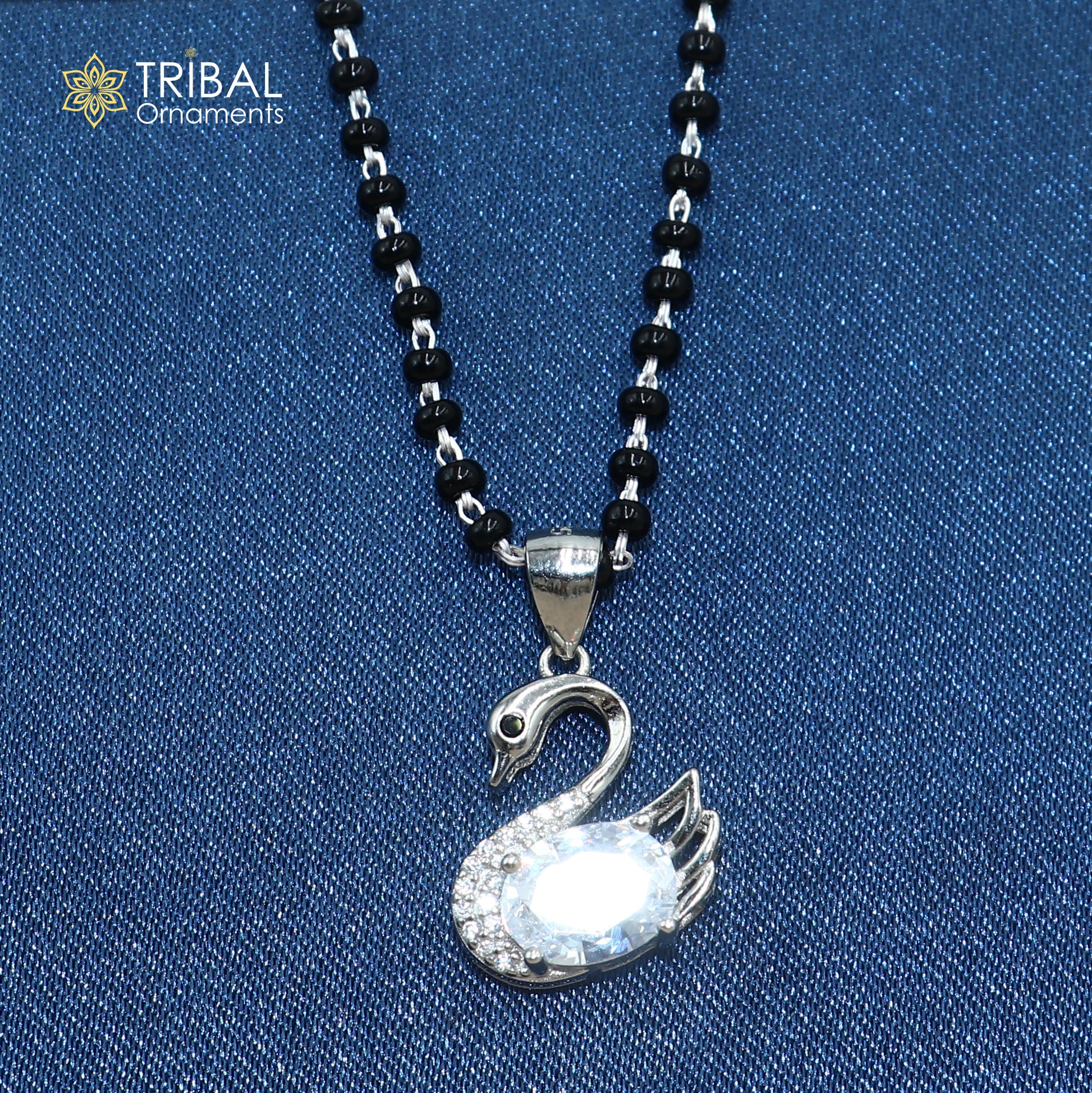 20 inches 925 sterling silver black beads swan design stylish mangalsutra ms152 - TRIBAL ORNAMENTS