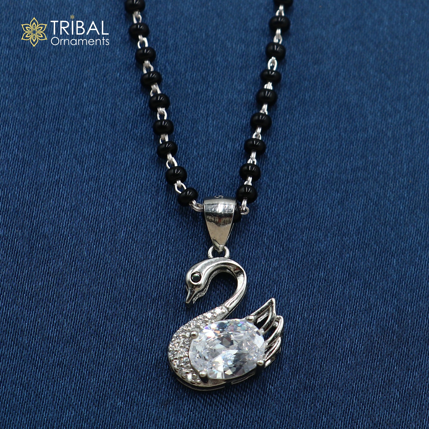 20 inches 925 sterling silver black beads swan design stylish mangalsutra ms152 - TRIBAL ORNAMENTS