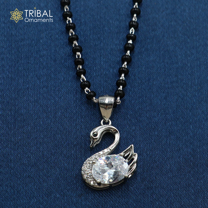 20 inches 925 sterling silver black beads swan design stylish mangalsutra ms152 - TRIBAL ORNAMENTS