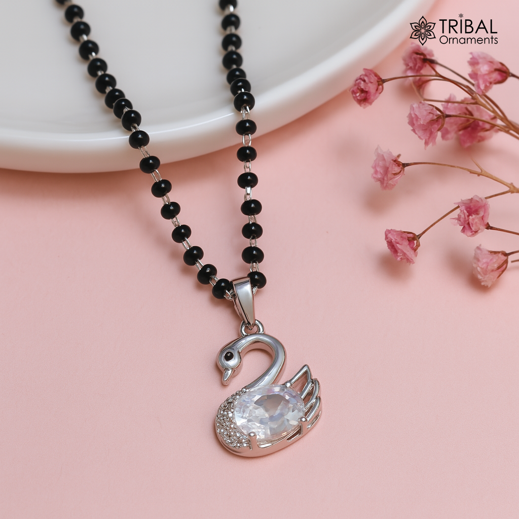 20 inches 925 sterling silver black beads swan design stylish mangalsutra ms152 - TRIBAL ORNAMENTS
