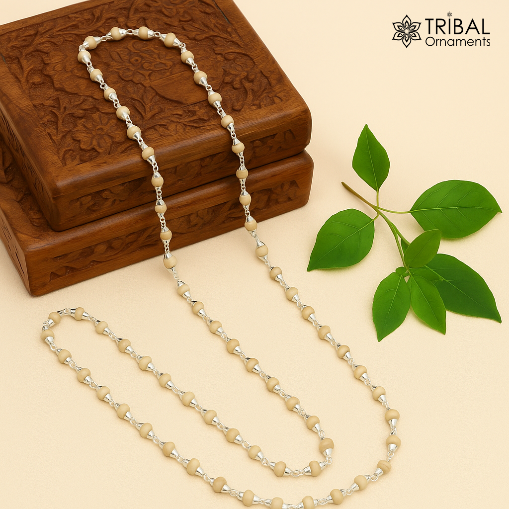 23" 4.5mm Sterling silver handmade Solid basil rosary plant wooden beads silver chain necklace tulsi mala use in Ayurveda meditation ch142 - TRIBAL ORNAMENTS