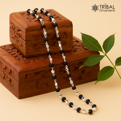 Sterling silver black holy basil rosary necklace with 4mm wooden beads on a solid chain, unisex stylish jewelry from Tribal Ornaments.