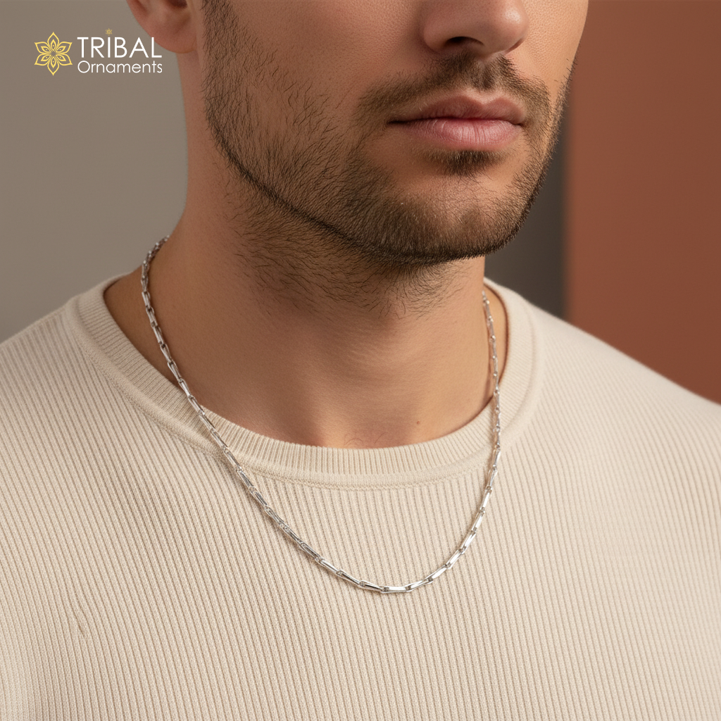 24 inches 1.5mm handmade unique chain 925 sterling silver chain, plain bright silver trendy style boy's girls chain ch595 - TRIBAL ORNAMENTS