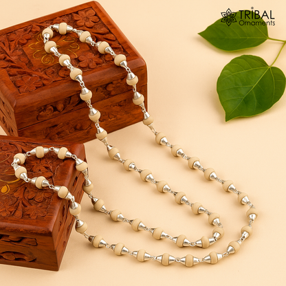 Sterling silver basil rosary necklace with 54 wooden beads, unisex jewelry, handmade tribal design, custom tulsi mala chain.