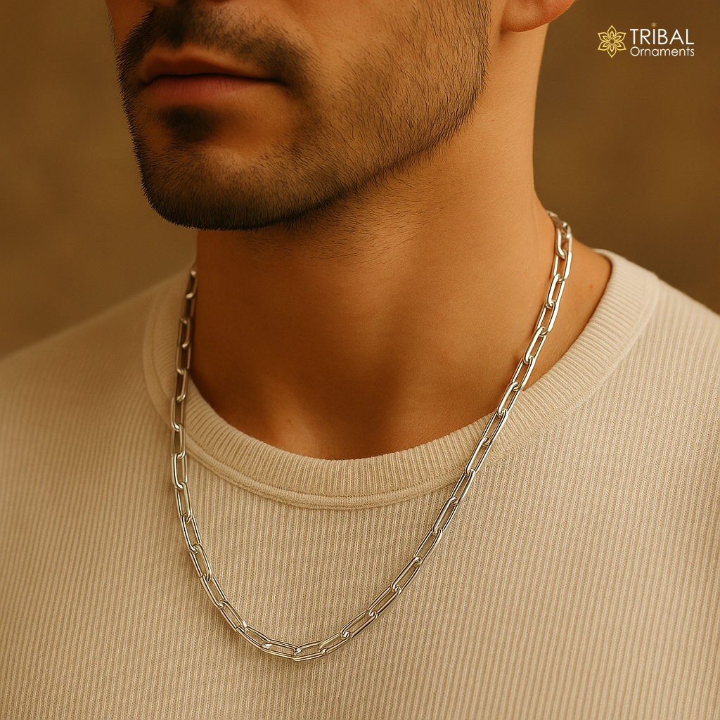 Sterling silver 18-inch 2mm fancy Paperclip chain necklace by Tribal Ornaments, handmade stylish jewelry from India.