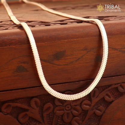 Sterling silver 24-inch fancy flat snake chain necklace, unisex jewelry by Tribal Ornaments, with a smooth, shiny finish.