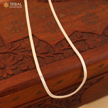 Sterling silver 24-inch 2mm snake chain necklace by TRIBAL ORNAMENTS, unisex jewelry with a fancy flat design.