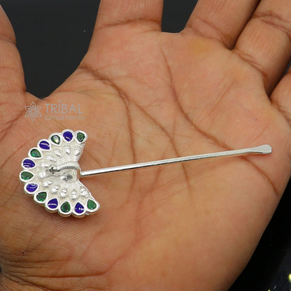 Handmade 3.2-inch sterling silver peacock design eyeliner stick by TRIBAL ORNAMENTS, vintage style kajal and surma for brides.