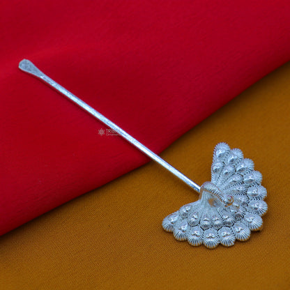 Handmade 3.2-inch silver peacock design mor pankhi kajal stick with Lord Krishna and Laddu Gopal motifs, crafted by TRIBAL ORNAMENTS.