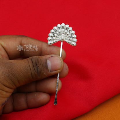 Handmade 3.2-inch sterling silver peacock design mor pankhi kajal stick, Lord Krishna Laddu Gopal gift by Tribal Ornaments
