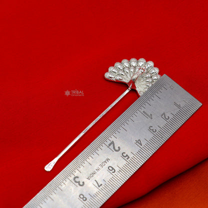 Handmade 3.2-inch sterling silver peacock design Mor Pankhi kajal stick, Lord Krishna Laddu Gopal gift by Tribal Ornaments