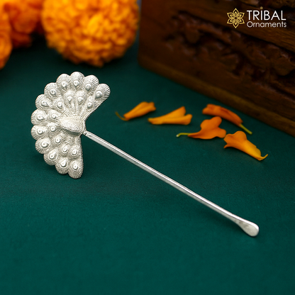 Handmade 3.2-inch sterling silver peacock design mor pankhi kajal stick, a Lord Krishna Laddu Gopal gift by TRIBAL ORNAMENTS.