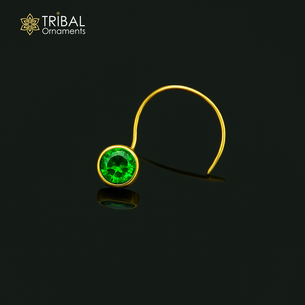 3.5mm tiny 18kt yellow gold handmade single stone nose pin U band nose stud cartilage customized pretty green stone jewelry gnp32 - TRIBAL ORNAMENTS