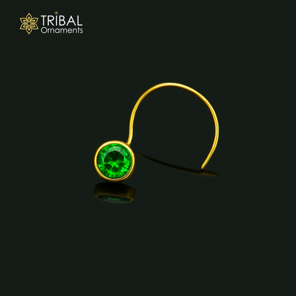 Tribal Ornaments 3.5mm 18kt yellow gold nose pin with single green stone, handmade U-band nose stud for cartilage jewelry.